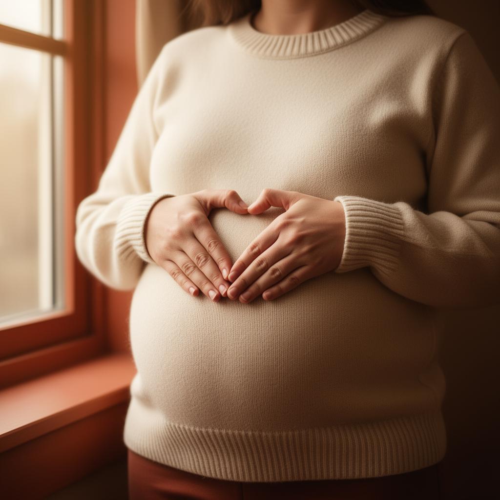 Gestante com as mãos em formato de coração sobre a barriga — cuidado com o coração do bebê desde a gestação